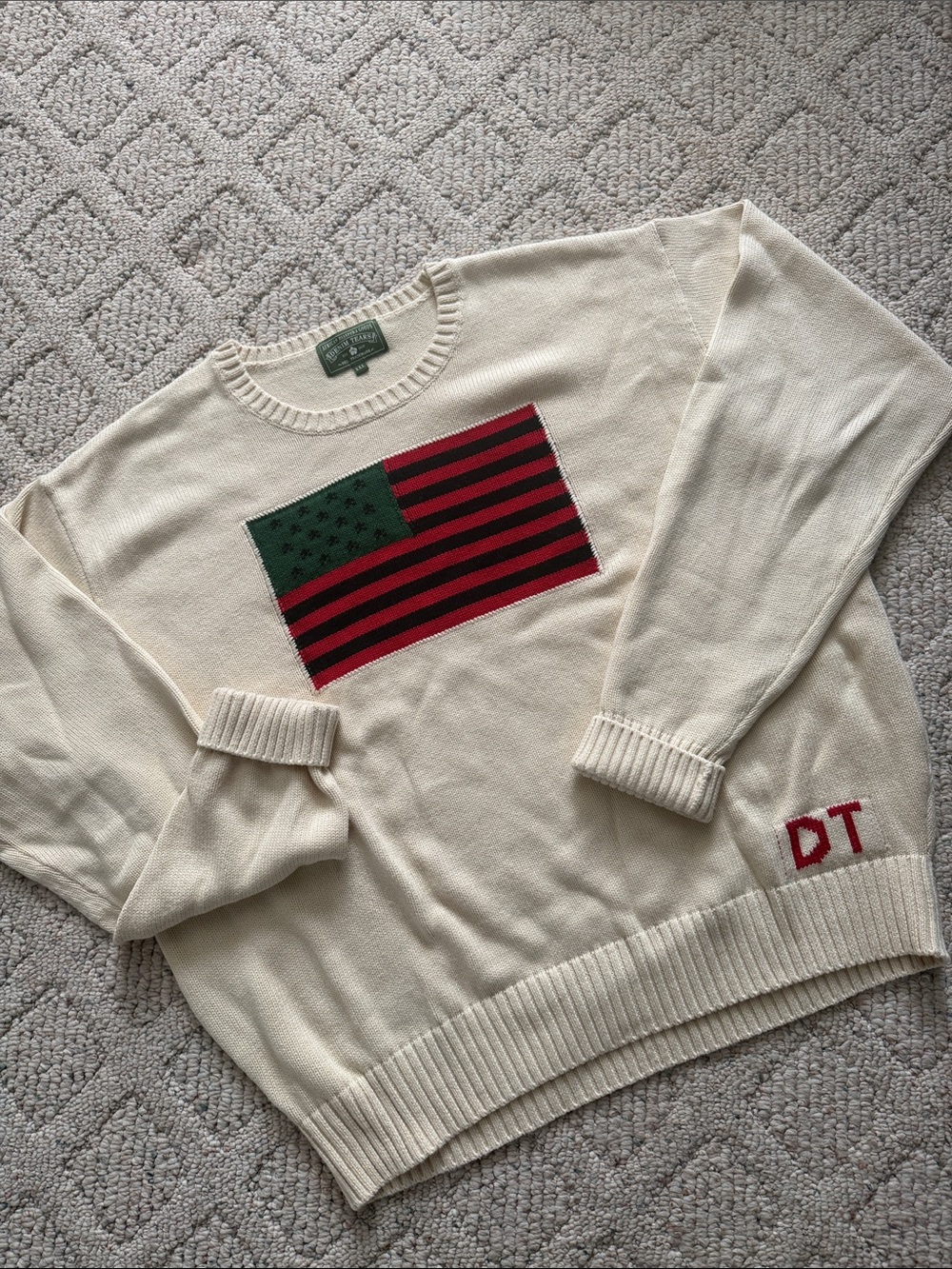 Men's Cream Crewneck Sweater with Red & Green Flag Motif